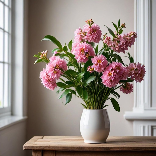 a vase of pink flowers on a table with a window behind them