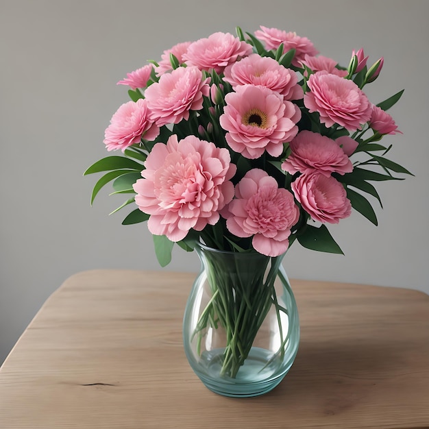 Vase of pink flowers on wooden table AI generated