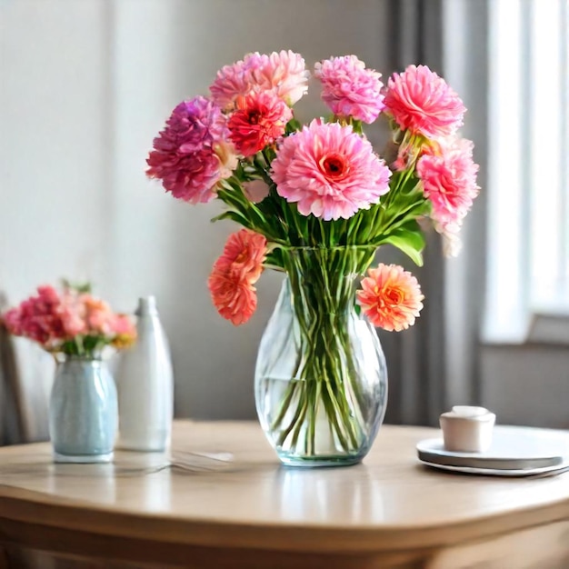 a vase of pink and pink flowers on a table