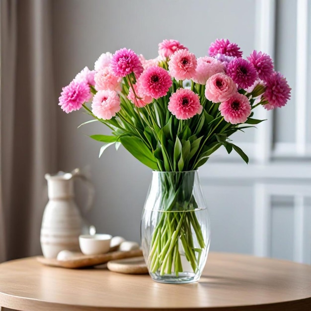 a vase of pink and purple flowers sits on a table