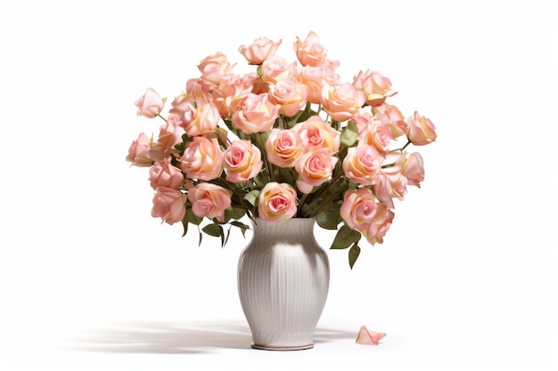 A vase of pink roses is shown with a white background.