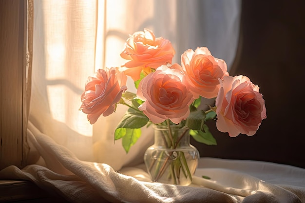 A vase of pink roses sits on a table in front of a window.