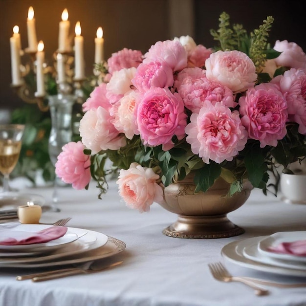 a vase of pink roses sits on a table with candles