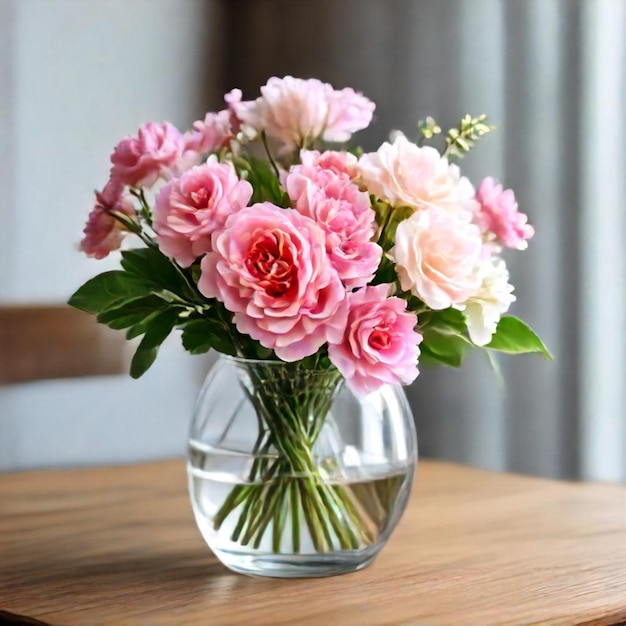 a vase of pink roses sits on a table with a white curtain behind it