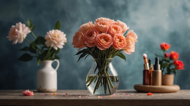 a vase of pink roses with a bottle of water and a bottle of spray