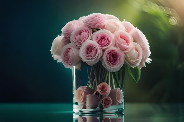 a vase of pink roses with a green background