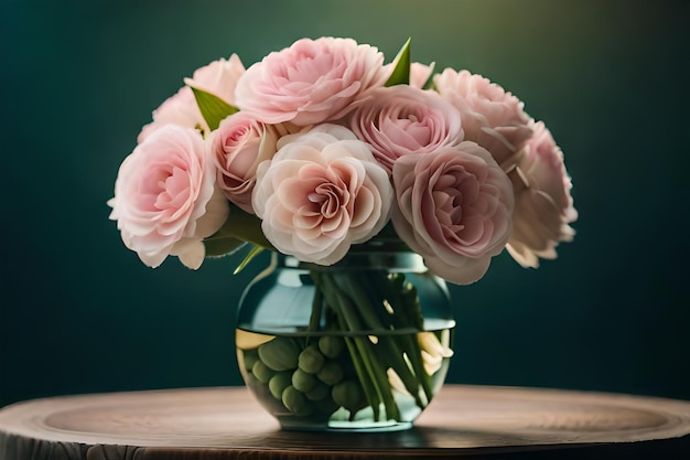 a vase of pink roses with green leaves and a green background