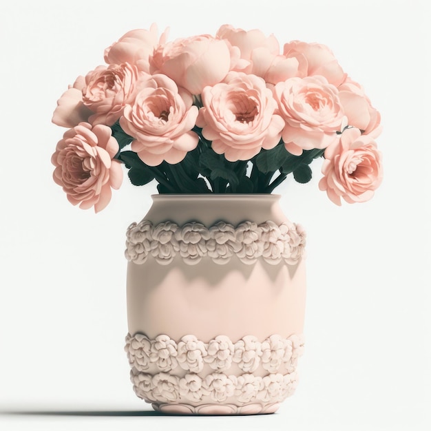 A vase of pink roses with lace trim and a lace design.