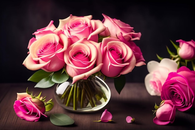 A vase of pink roses with one of the petals on the table.