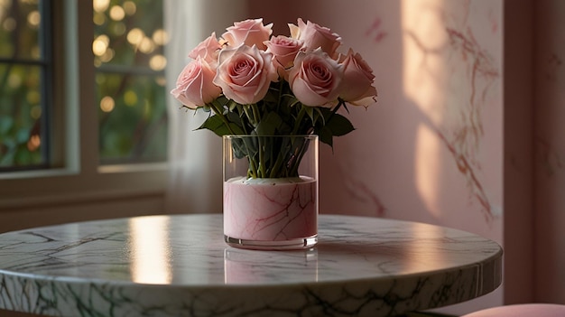 a vase of pink roses with a pink flower in it