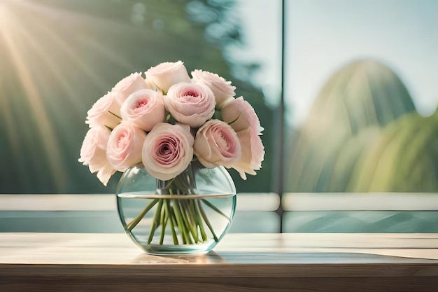 A vase of pink roses with the sun shining through the window.