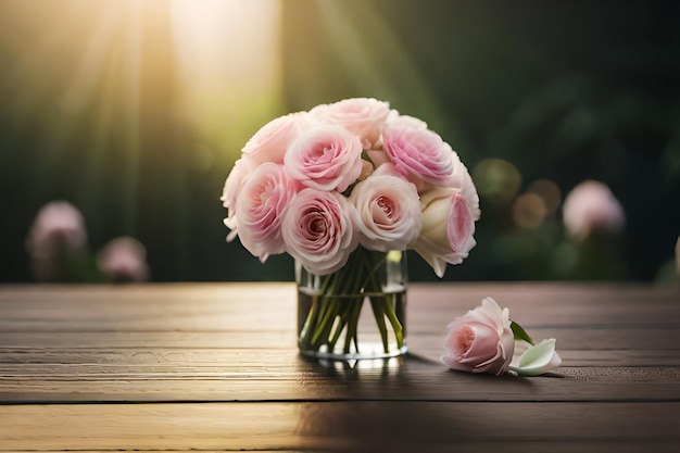 a vase of pink roses with the sun behind them