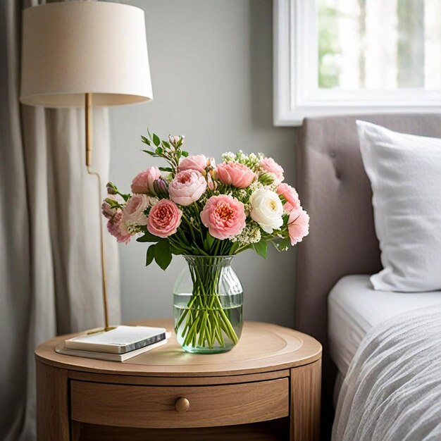 Photo a vase of pink and white flowers on a table next to a lamp