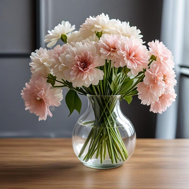 a vase of pink and white flowers on a table