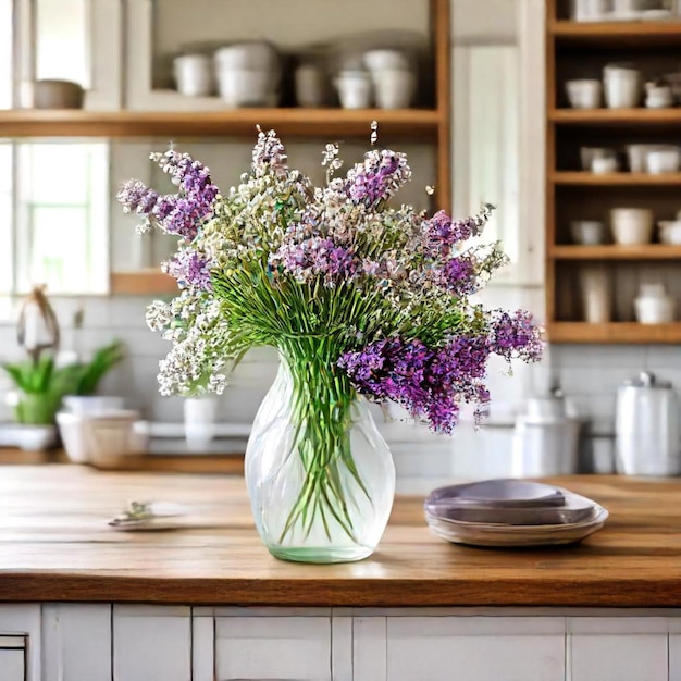 a vase of purple flowers sits on a kitchen counter