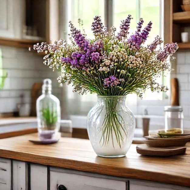 a vase of purple flowers sits on a kitchen counter