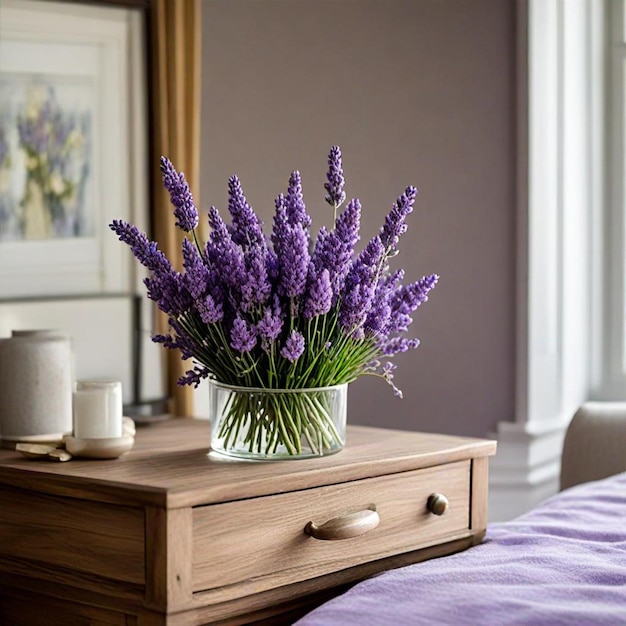 Photo a vase of purple flowers sits on a nightstand next to a vase of lavender