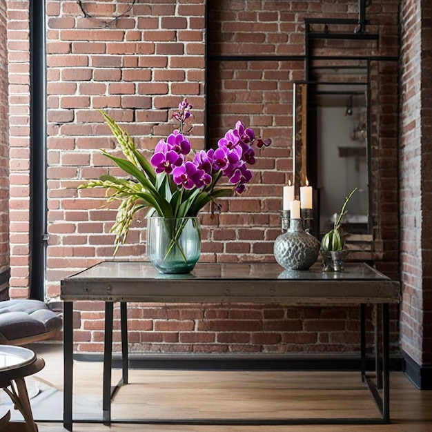 a vase of purple flowers sits on a table in front of a brick wall