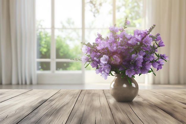 a vase of purple flowers sits on a table in front of a window