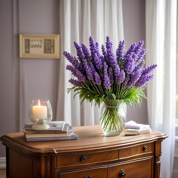 Photo a vase of purple flowers sits on a table in front of a window