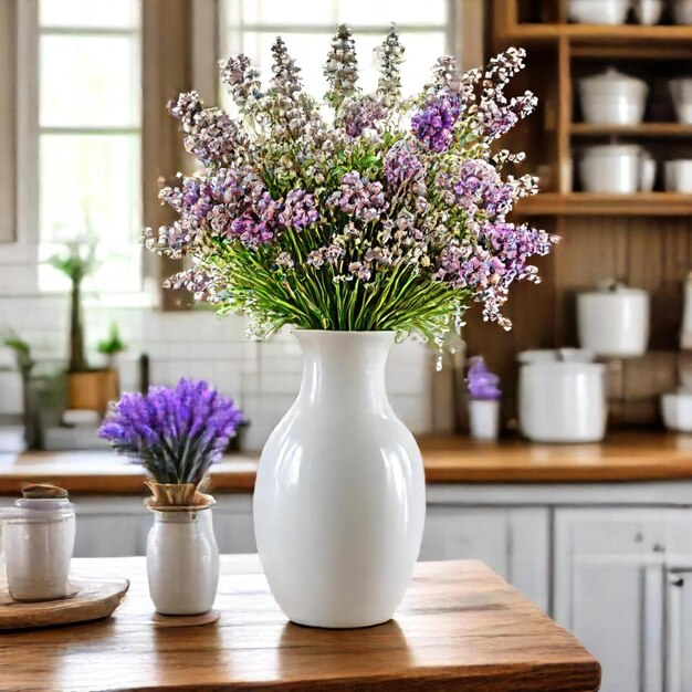 a vase of purple flowers sits on a table in a kitchen