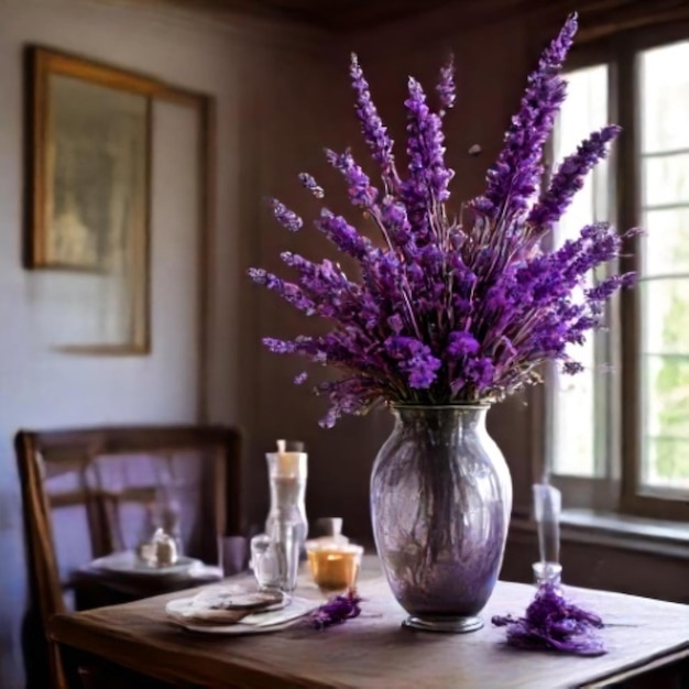 Photo a vase of purple flowers sits on a table next to a window