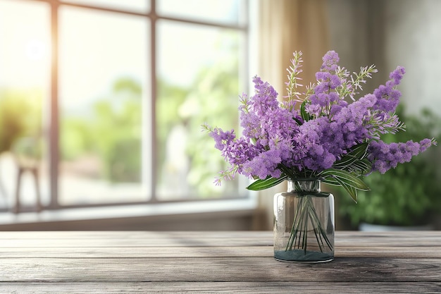 a vase of purple flowers sits on a table with a window behind them