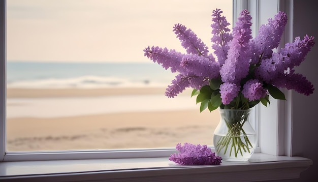 a vase of purple flowers sits on a window sill with the ocean in the background