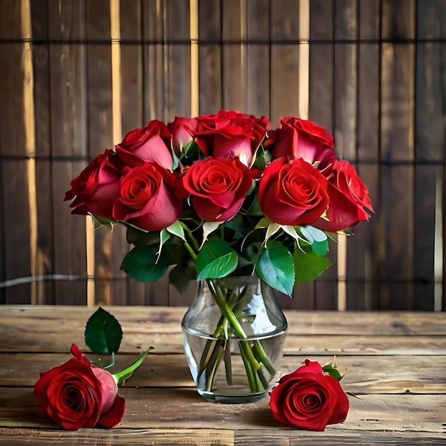 a vase of red roses with green leaves on a table