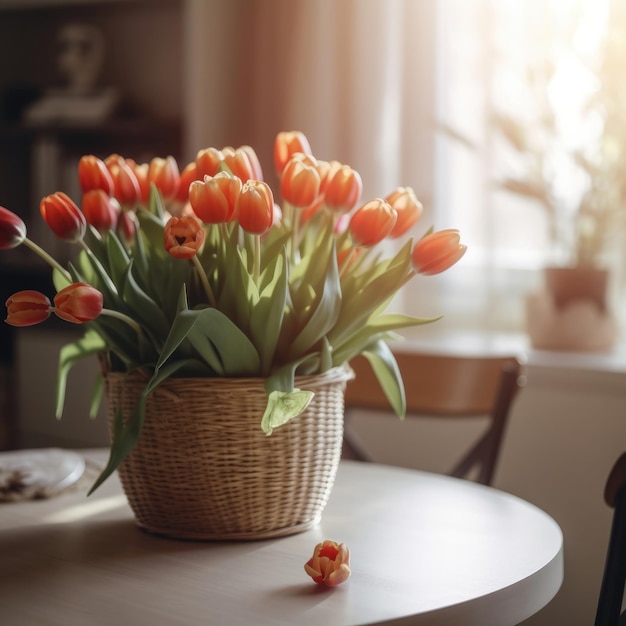 A vase of red tulips sits on a table next to a flower.