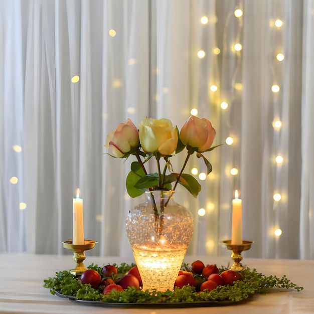 Photo a vase of roses and a candle with a candle in it