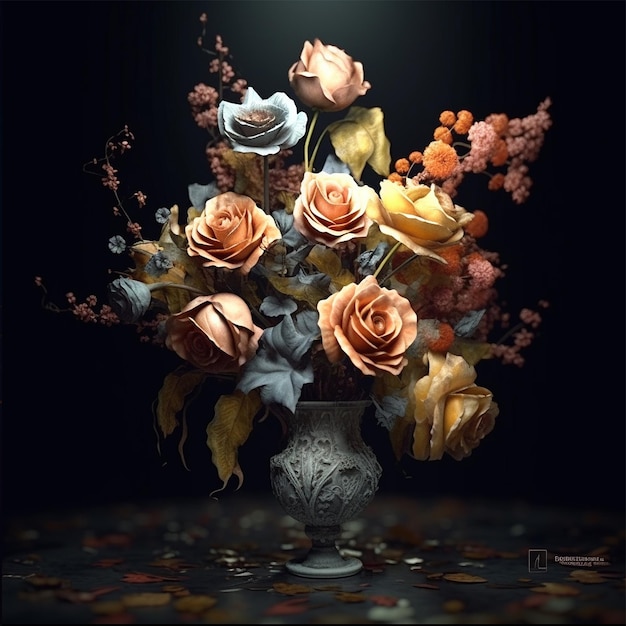 A vase of roses is in a dark room with a black background.