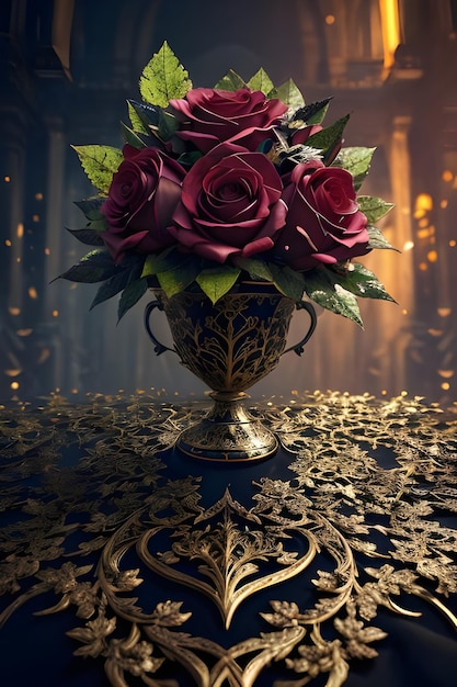 A vase of roses is on a gold table.