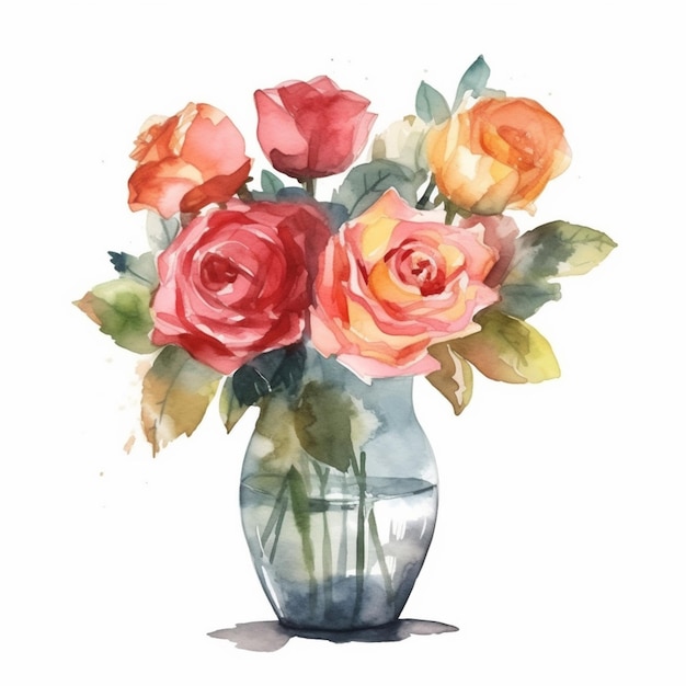 A vase of roses is painted with watercolors.