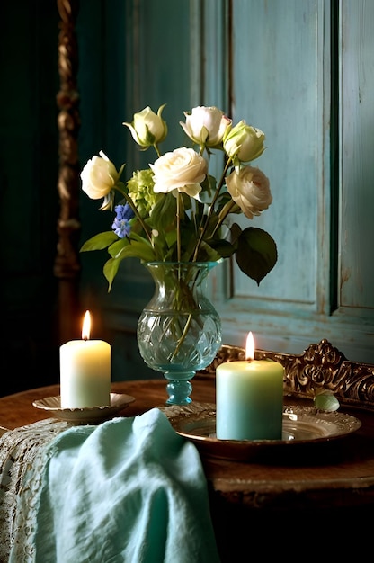 Photo a vase of roses sits on a table with a candle in it