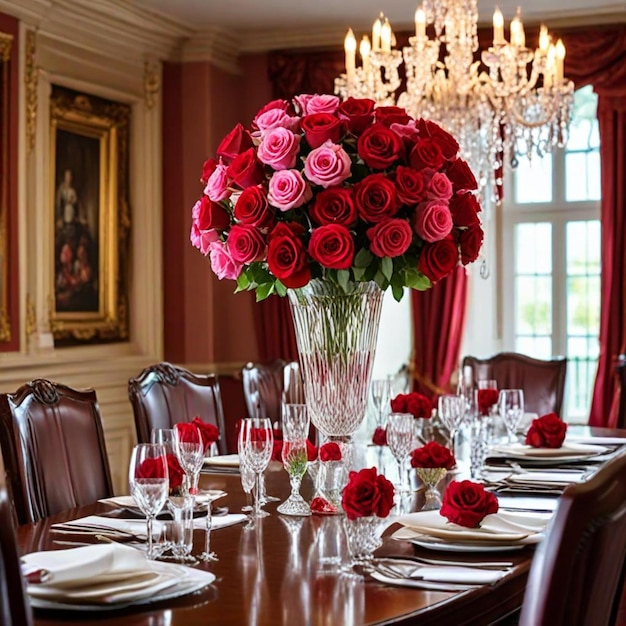 a vase of roses sits on a table with a chandelier hanging above it