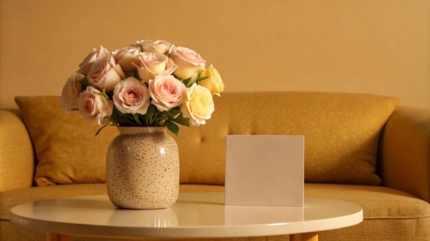 Photo a vase of roses sits on a table with a sign in the background