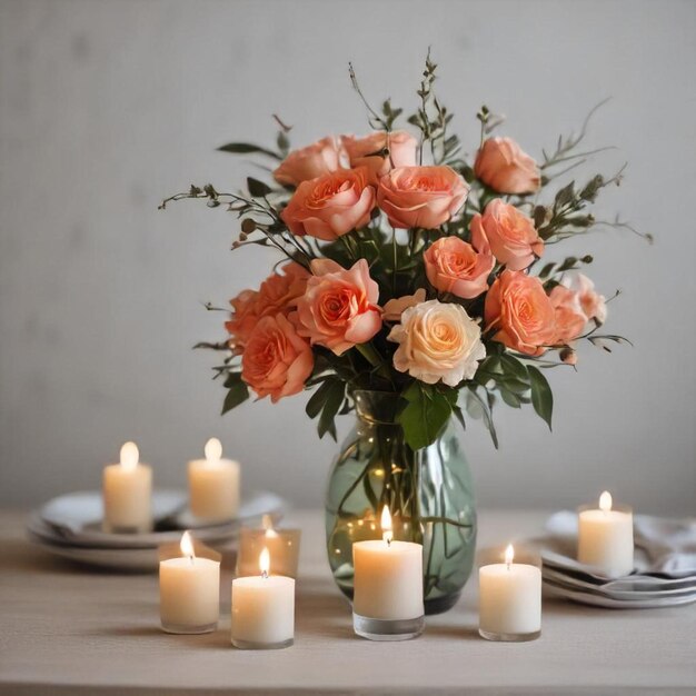 Photo a vase of roses with candles and candles on a table