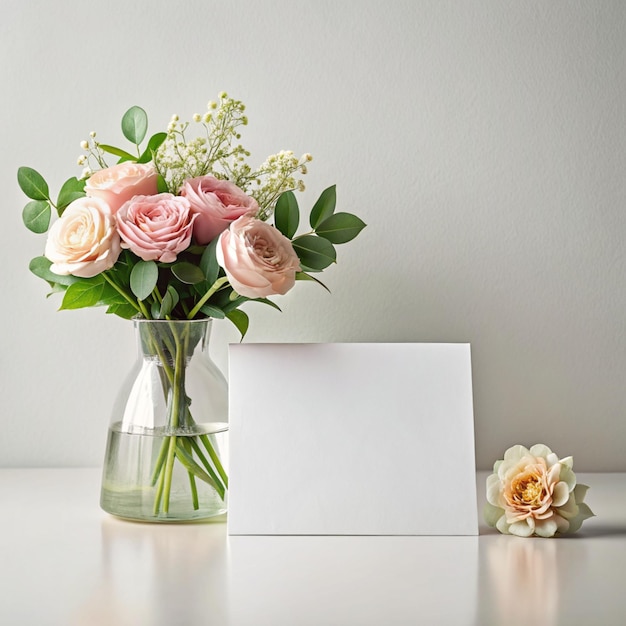 Photo a vase of roses with a card in the background that says  the word  on it