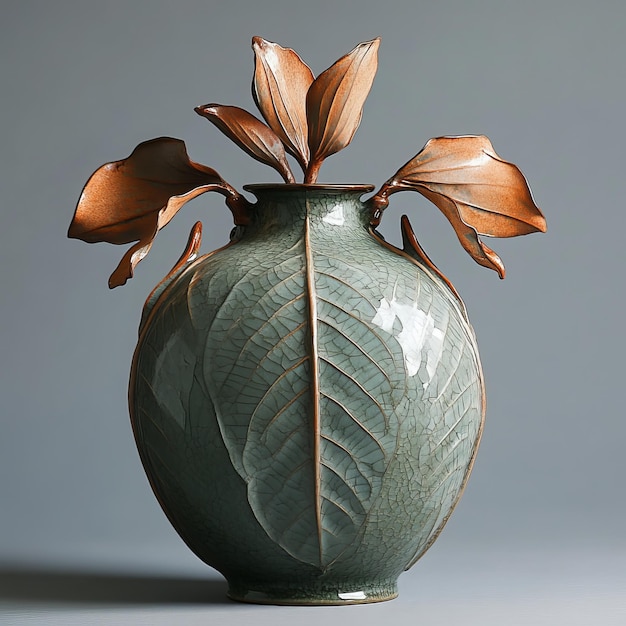 Photo a vase in the shape of a weng with withered lily leaves as handles and embossed lily leaves