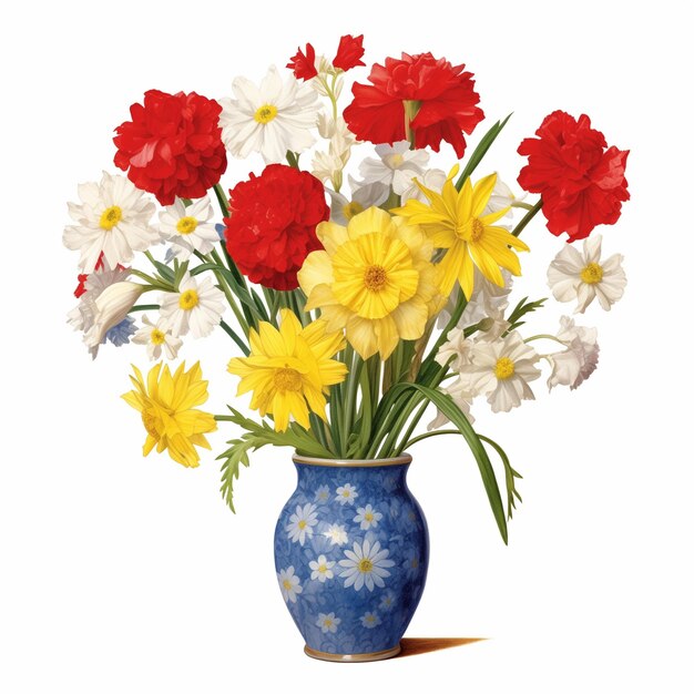 A vase of spring flowers including daisies and cornflowers on a white background