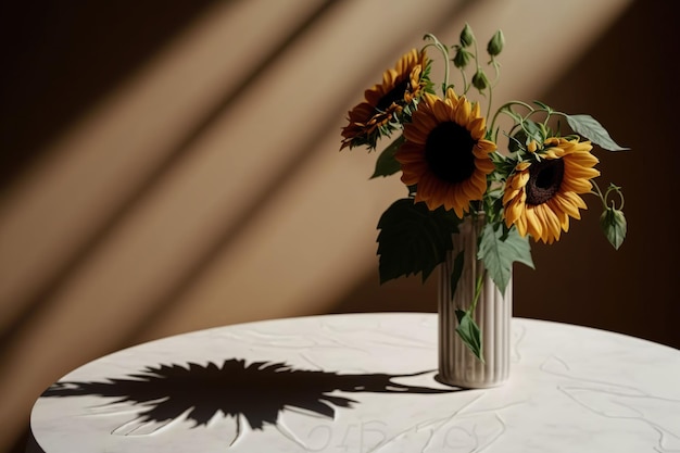 A vase of sunflowers is on a table with a shadow of the sun on it.