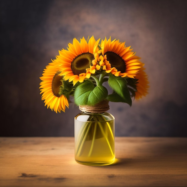 A vase of sunflowers is on a wooden table.