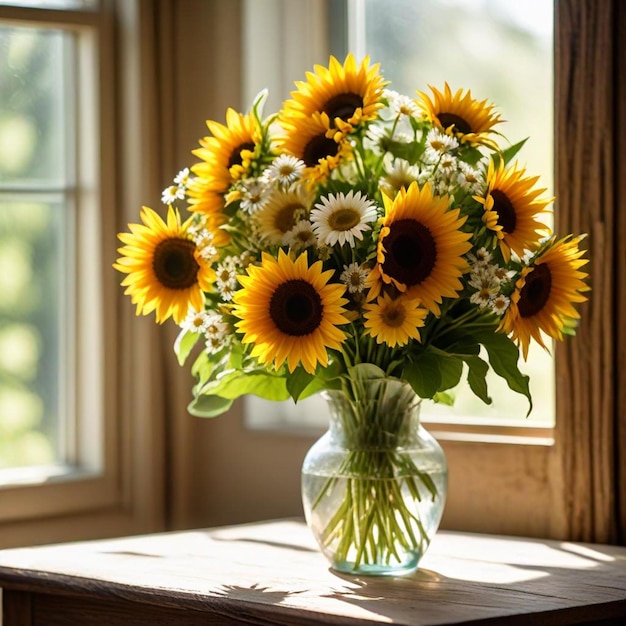 a vase of sunflowers sits on a table in front of a window