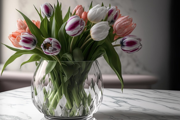 A vase of tulips is on a marble counter with a marble background.