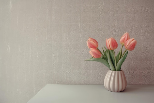 A vase of tulips sits on a table in front of a wall that says " tulips ".