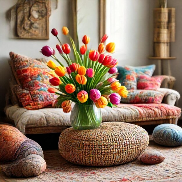 a vase of tulips sits on a table in front of a wall with a picture of a vase of tulips