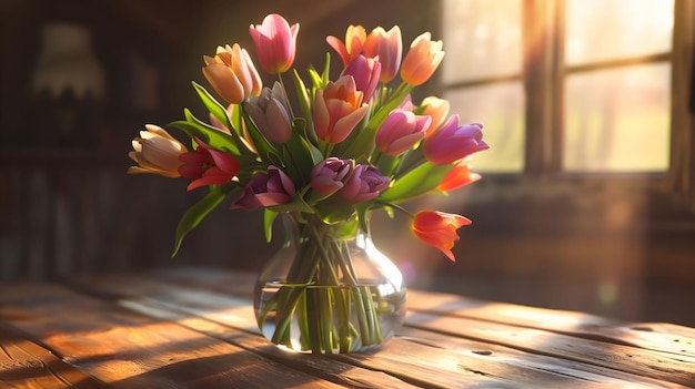 A vase of tulips sits on a wooden table