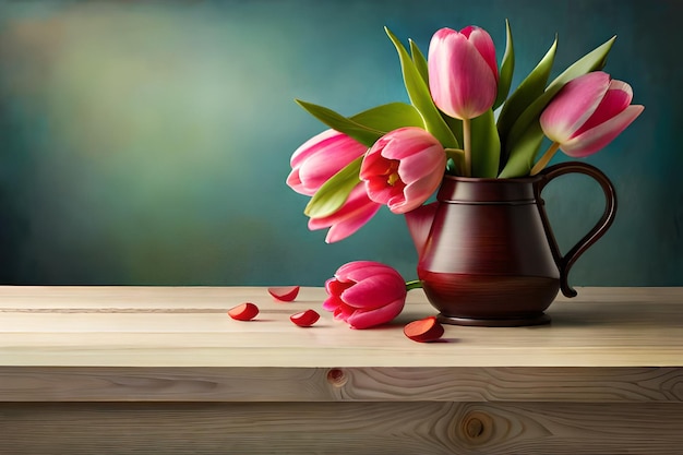 A vase of tulips on a table with petals scattered on it.