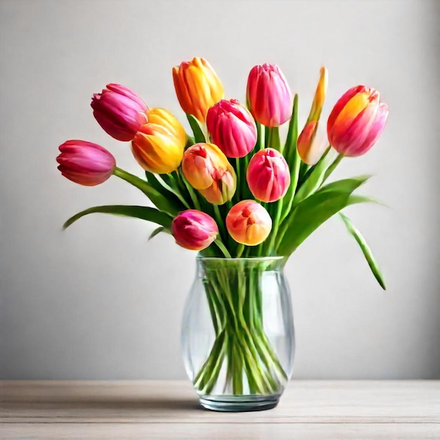 a vase of tulips with a gray background